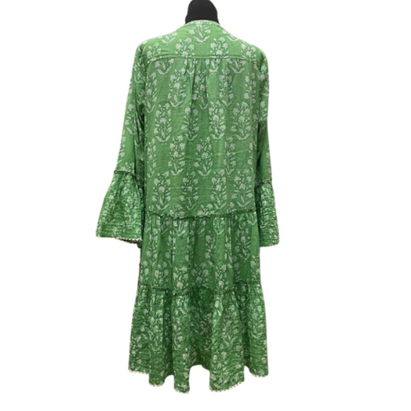 Juliet Dunn London Green White Floral Tiered Bell Sleeve Tunic Dress Sz 1 S/M - Picture 3 of 11